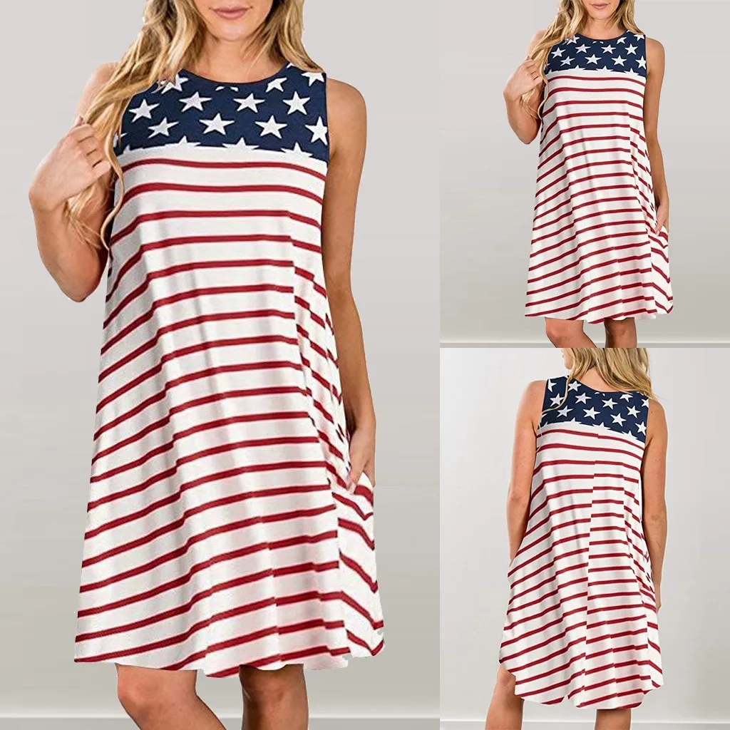 

Dress 2019Top Womens Casual Pockets Patriotic Stripes Star American Flag Print Tank Dress