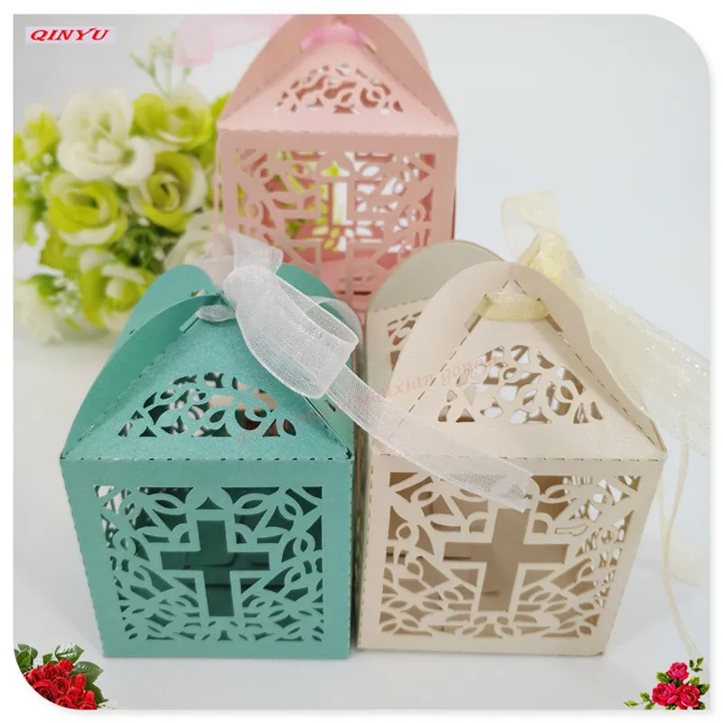 10Pcsset  Cross shape Laser Cut Hollow Carriage Favors Gifts Candy Boxes With Ribbon Baby Shower Wedding Party Supplies 5Z (13)