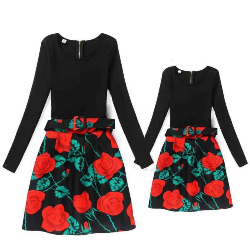 

Mother Daughter Dress Printing Flowers Spots Long Sleeve Autumn Dress Family Matching Clothes Belt Fashion Clothes Polyester