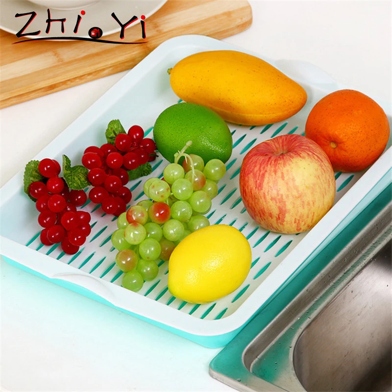 

Kitchen PP Desktop Storage Tray Tea Fruit Dish Vegetables Organizer Double Layer Drain Tray Storage Trays Accessories Supplies