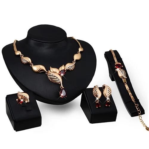 2015 Wedding Gift Leaf Red Crystal Drop Choker Necklace Bracelet Ring Earrings Set | Украшения и аксессуары