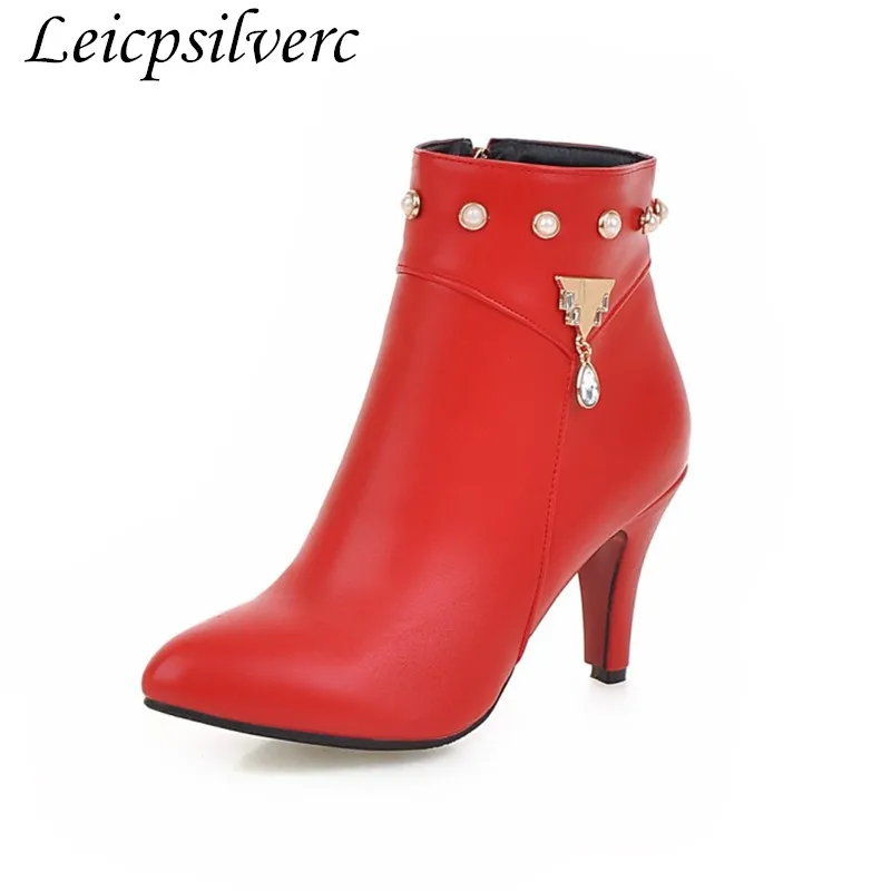 New Pearl drill, high heel, short pointed boots, large size 34-48 yards, large size, pointed short boots