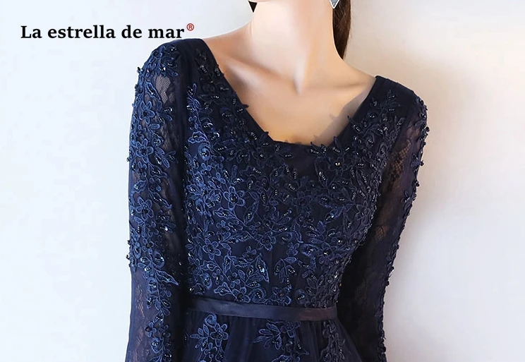 Robe demoiselle d'honneur 2019 sexy V образным вырезом Холтер Длинные рукава линия Кружева с бисером, темно-синее Платья для подружек невесты длинные