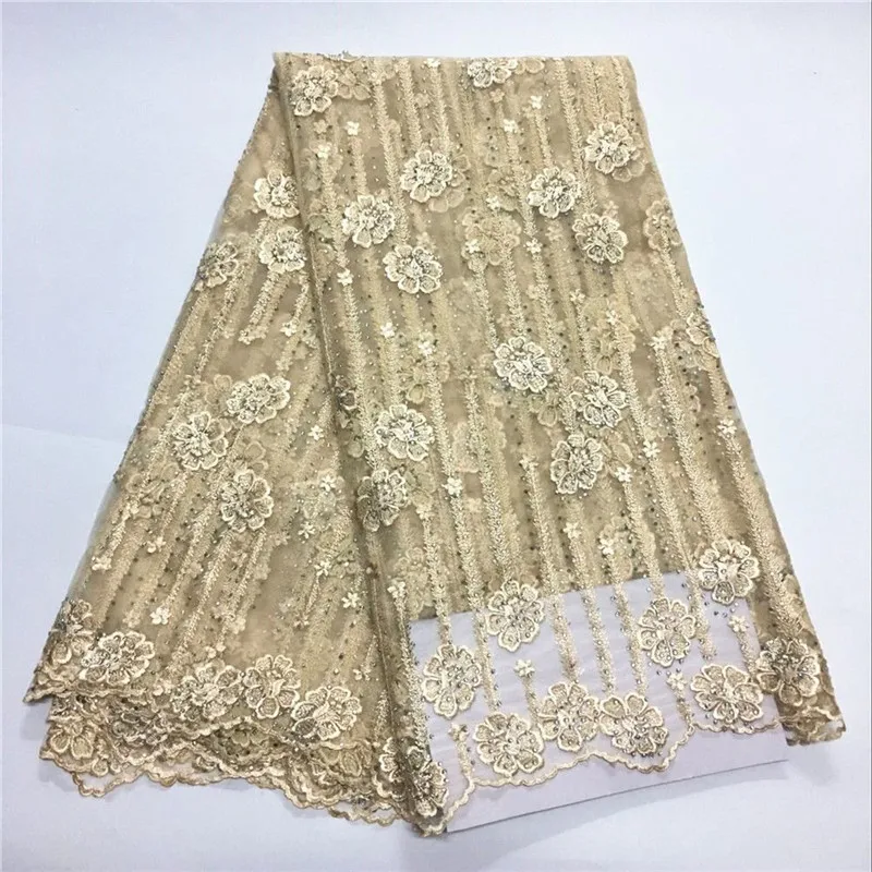 

HFX Rhinestones Design Nigeria French Tulle Lace Fabric Champagne Gold Embroidered Net Lace High Quality African Lace X987-2