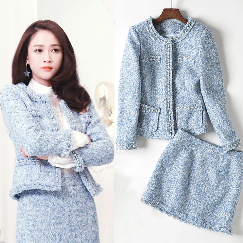 2018 autumn and winter new Joe Chen star with the same temperament small fragrant wind tweed coat half skirt suit. | Женская одежда