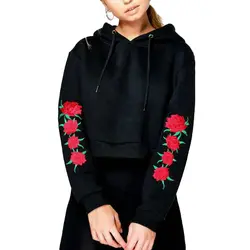 Новый Для женщин с цветочной вышивкой укороченный Топ свитер с капюшоном пикантные пуловер с длинными рукавами