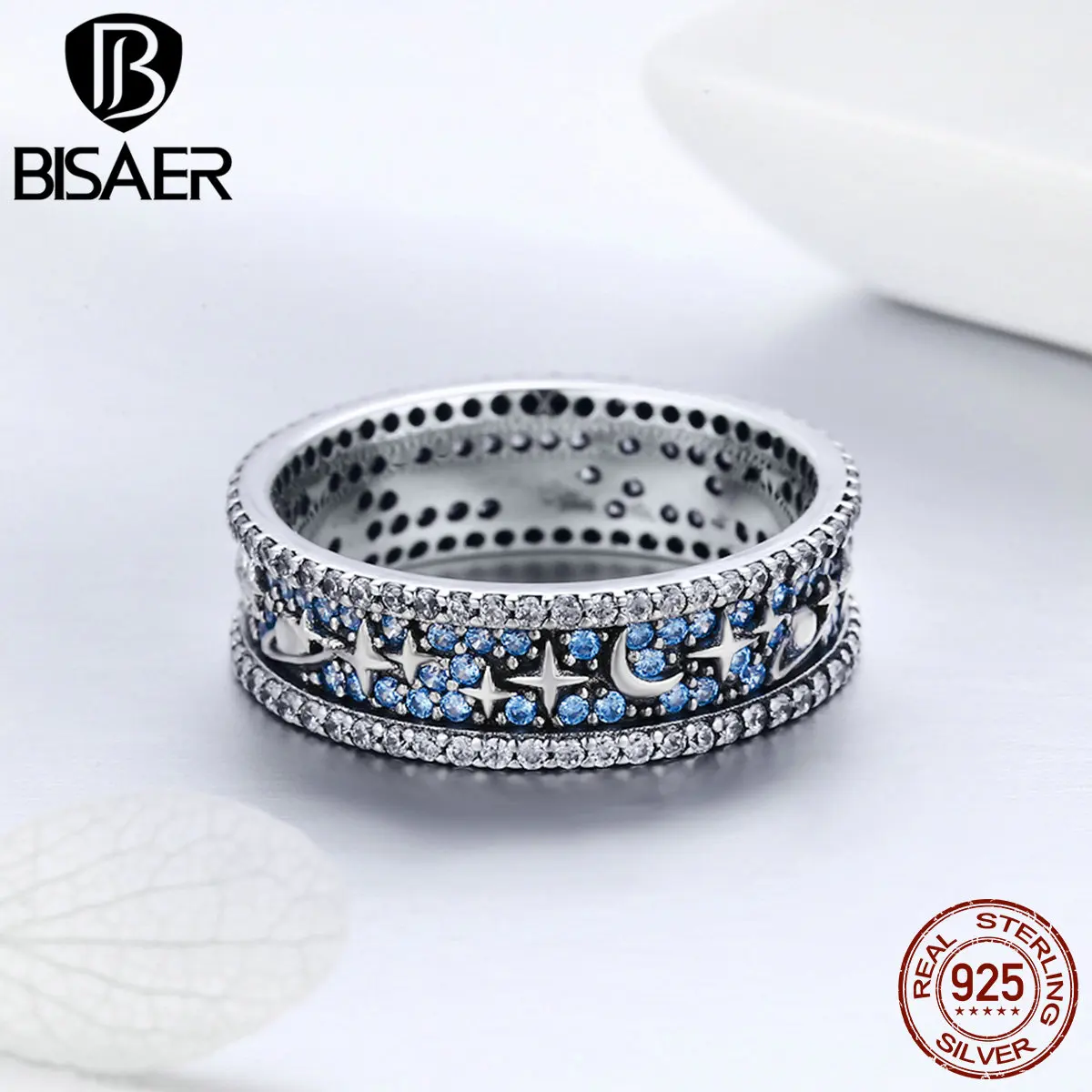 

BISAER 2019 New Popular Genuine 925 Sterling Silver Blue CZ Moon and Star Stackable Women Finger Rings Design Silver Band GXR347