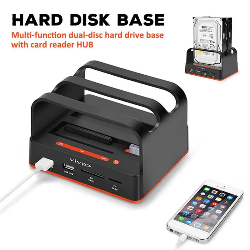 

External Dual Hard Drive Base 2.5/3.5 Inch Mobile Hard Disk Box External Card Reader USB Dual Hard Disk Drive Docking Station