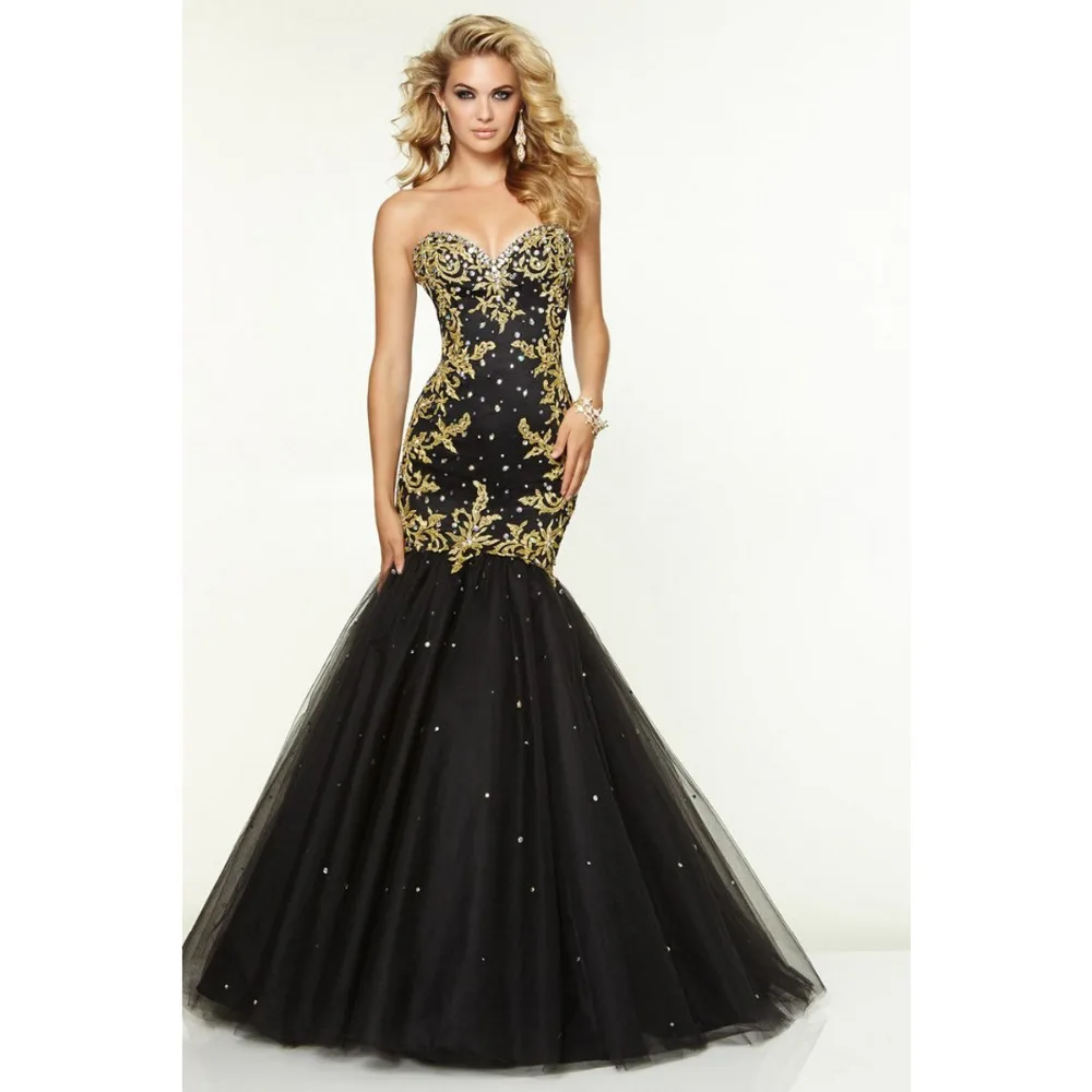 Top Quality 2017 Black Mermaid Prom Dresses Women Gold Appliques Long