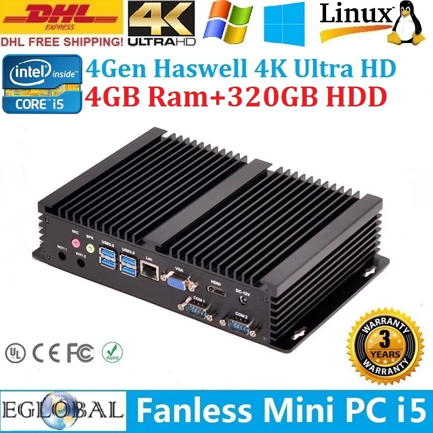 2015 New Industrial Mini Computer Fanless Desktop 4GB DDR3L 320GB HDD Intel Core i5 4200U Mini PC UMPC DHL Free Shipping
