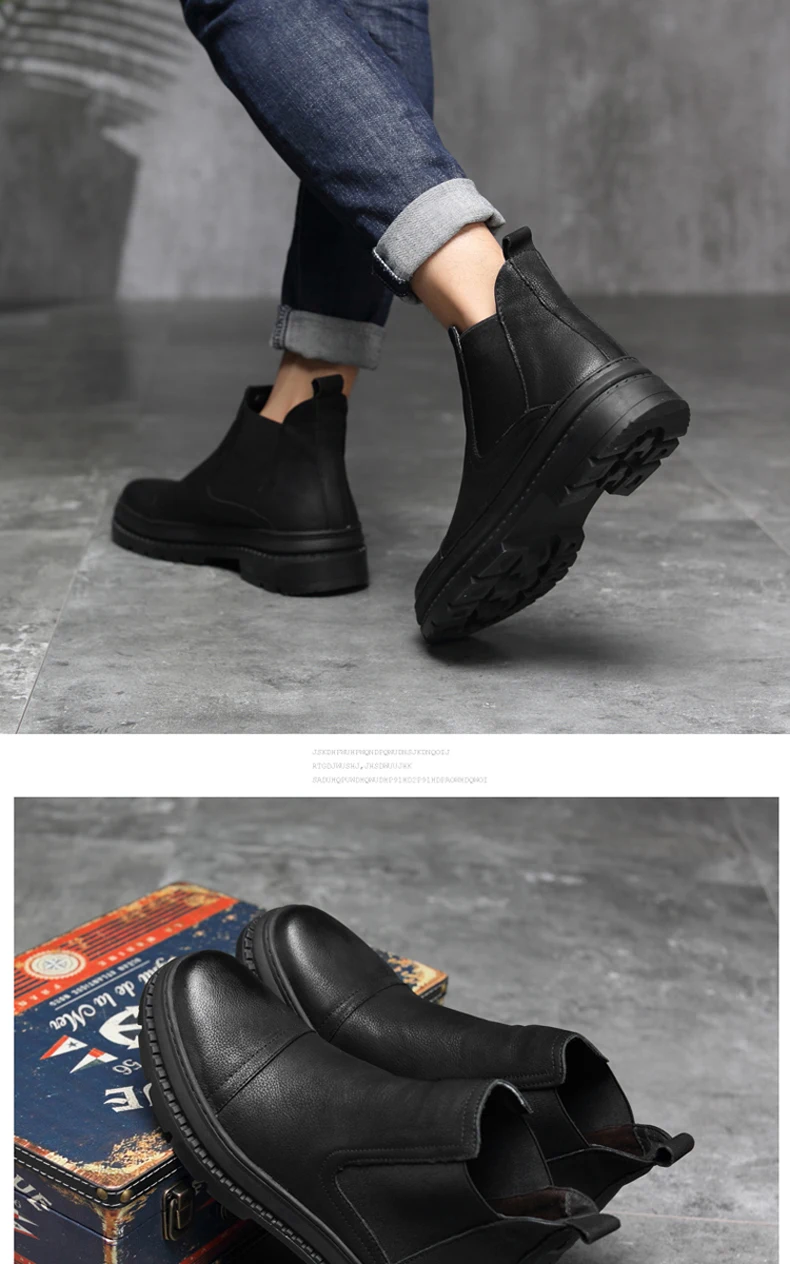 Plus Size 38-47 Chelsea Boots Men Winter Shoes Black Genuine Leather Thick sole Mens Footwear Warm Plush nonslip snow boots