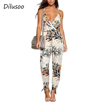 

Dilusoo Sexy Deep V Summer Jumpsuits Women Floral Print Solid Bandage Rompers Ladies Casual Overalls Spaghetti Strap Jumosuits