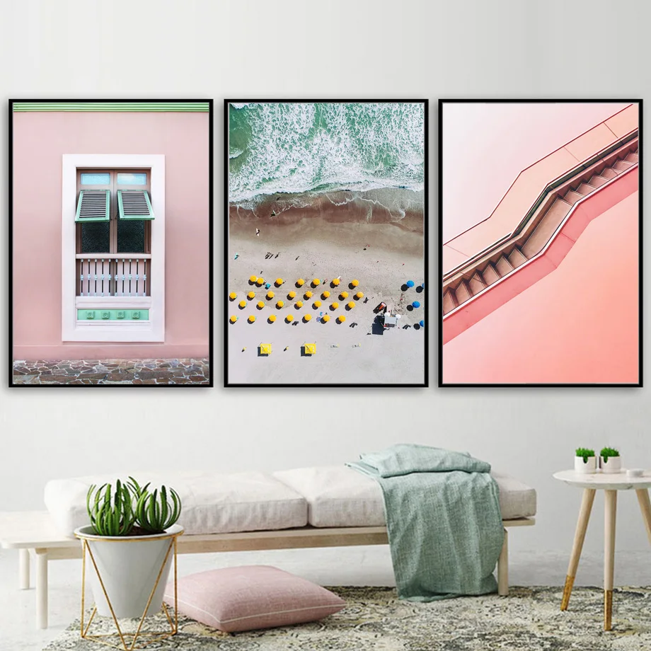 Wall Art Canvas Painting Pink Window Stair Sea Beach ...