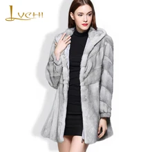 LVCHI Genuine Fur Women’s Jacket Real Fur Coats Women Sapphire Grey Fur Leather Hat V-Neck Denmark Mink Swan Velvet Mink Coat