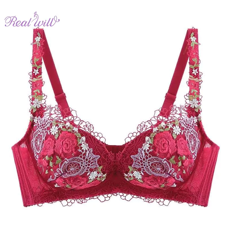 Realwill Red Sexy Comfort Bra Blue Flower Ladies Bra Without Wire Women