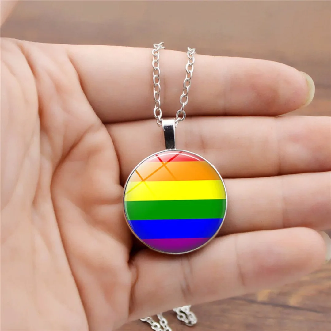 Fashion Gay Pride Alloy Round Circle Pendant Necklace Cabochon Glass Tile Rainbow Colorful Chain Unique Same Sex Charms Jewelry