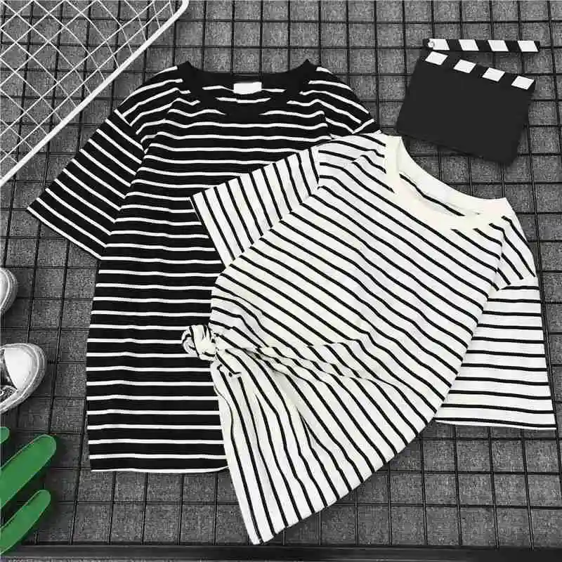

Mferlier Thin Woman Shirts Casual O Neck Short Sleeve Black White Loose All Match Mori Girl Summer Classic Striped Shirt