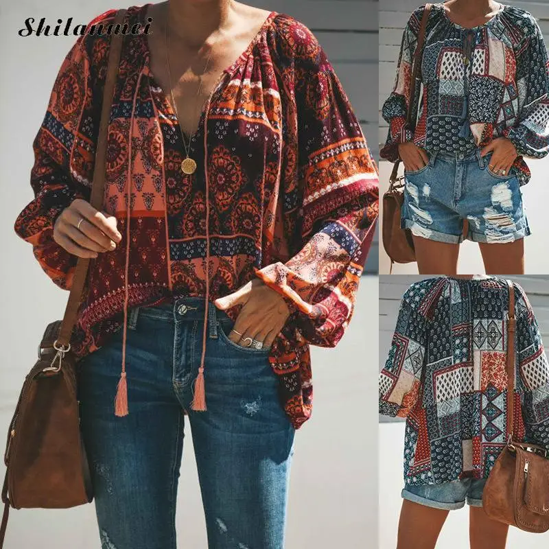 

2018 Autumn Woman Bohemia Fashion Long Sleeve Loose Shirts Ethnic Casual Female Streetwear Tops Femme Vintage Blouse