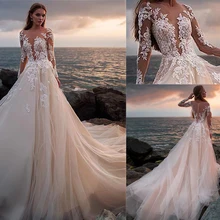 Совок Тюль декольте полный рукав Мягкий Тюль A-Line свадебное платье с аппликацией Иллюзия кнопка назад суд Поезд свадебное платье