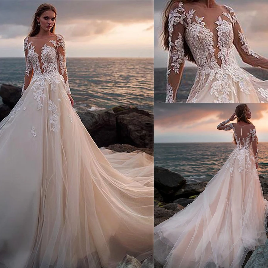 Scoop Tulle Neckline Full Sleeves Soft A-line Wedding Dress with Applique Illusion Button Back Court Train Bridal | Свадьбы и