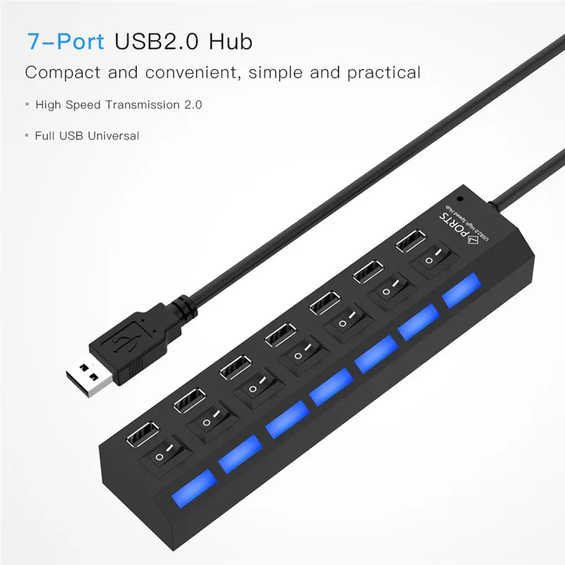 7 Порты и разъёмы USB 2,0 концентратор высокой Скорость USB разветвитель адаптер с светодиодный переключатель для Тетрадь ноутбук