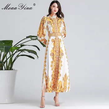 

MoaaYina Fashion Designer Runway dress Spring Autumn Women Dress Lantern Sleeve Floral-Print Belt Elegant Holiday Dresses