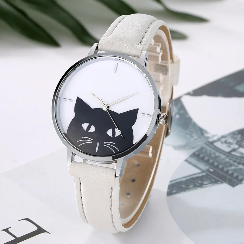 

Minimalistic cat pattern Design Women Watches Ladies Casual Popular Leather Band Strap Quartz Analog Wrist Watch Gift A4