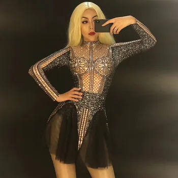 

Fashion Sexy Shining Perspective Bodysuit Women Birthday Celebrate See Through Mesh Black Fringes Dance Costume Festival Outfit