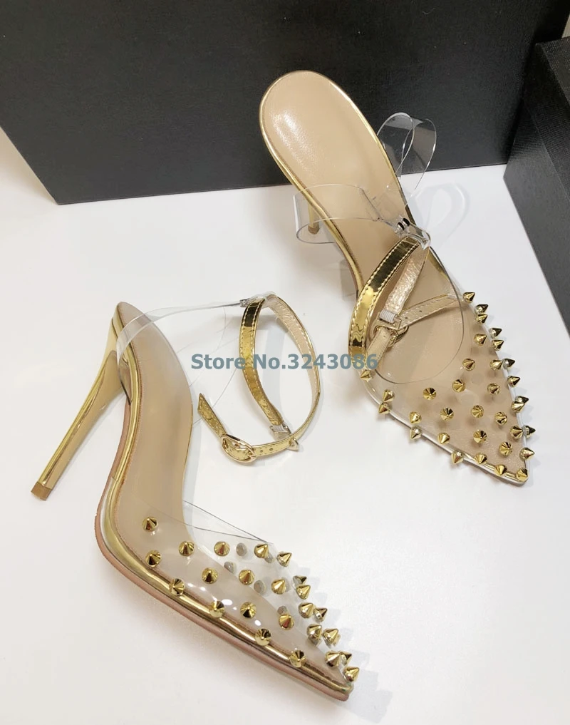 Острый носок ПВХ прозрачная пленка высокий тонкий каблук Сандалии золотые серебристые, с заклепками, с пряжкой и ремешком на шпильке; сандалии на каблуке Для женщин Летняя обувь