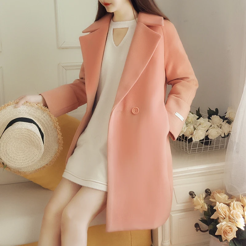 Korea Fashion Women Elegant Winter Warm Coat Turn-Down Collar Casual Cashmere Long Outerwear Sweet Long Sleeve Wool Overcoat