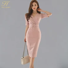 H Han queen, Женская офисная одежда в полоску, летнее сексуальное платье с пышными рукавами и v-образным вырезом, облегающее платье-карандаш, деловое платье, Прямая поставка
