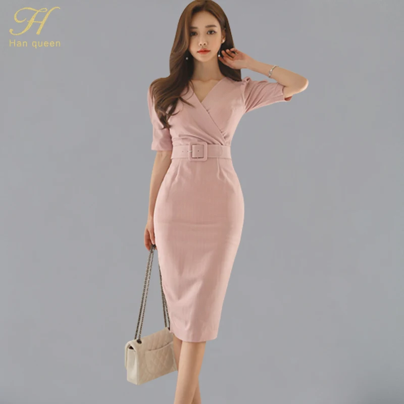 

H Han Queen Womens Stripes Office Wear Summer Sexy Dress Puff Sleeve V-neck Sheath Bodycon Pencil Business Vestido Drop Shipping