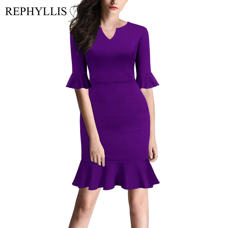 Rephyllis Women 1/2 Flare Sleeve V Neck Fashion Ruffle Fishtail Casual