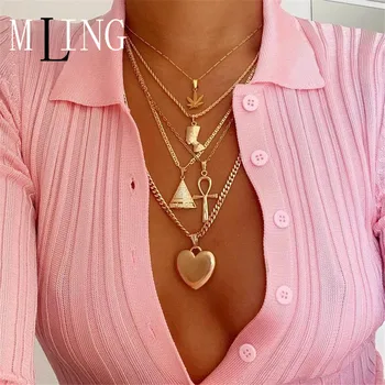 

MLING Bohemia Multilayer Pharaoh Pyramid Cross Heart Leaf Pendant Necklace for Women
