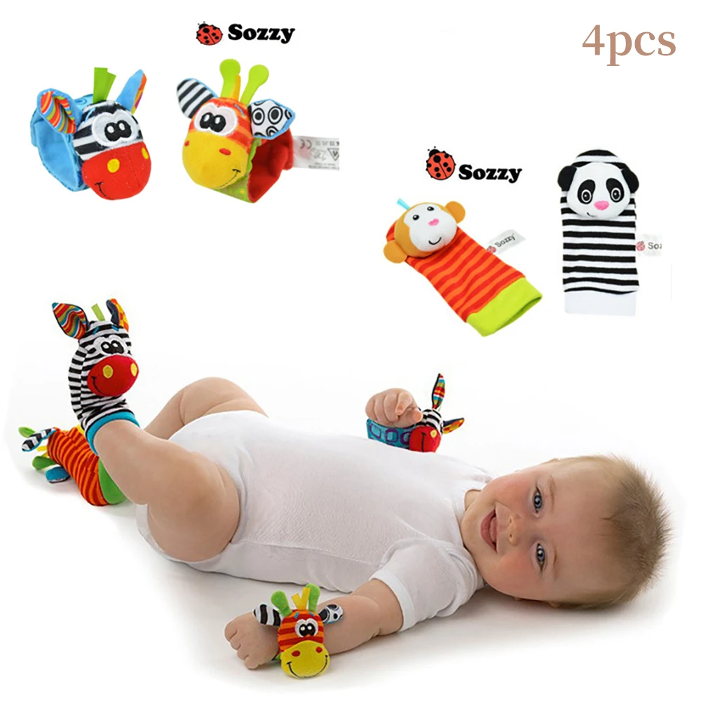 

4pcs/price Newborn 0~24 Months Baby Socks Animal Foot Socks Rattles Toys Developmental Soft Wrist Toys Socks plus hand bell