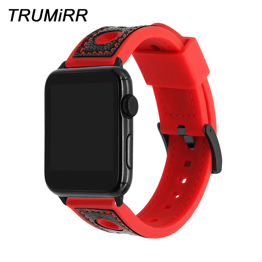 Genuine Leather &amp Silicone Watchband for iWatch Apple Watch 38mm 40mm 42mm 44mm Series 5 4 3 2 1 Rubber Band Steel Clasp Strap | Наручные