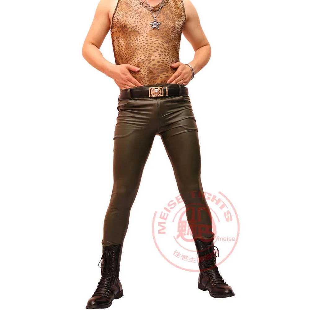 Plus Size Male Cool Bright Thin Matte Light Imitation Leather Pants Stretch Tight leg pants Casual Leather Pants Stage K09