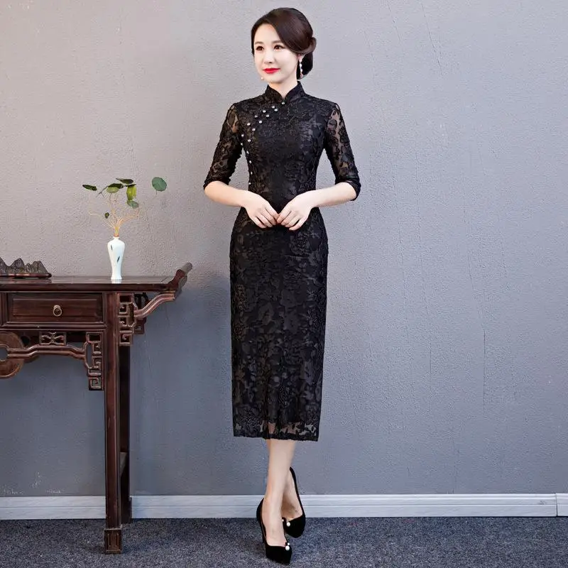 Новинка пикантные Длинные Cheongsam Весна Традиционный китайский стиль платье женские кружево Qipao Тонкий Вечерние платья с пуговицами Vestido - Цвет: Черный
