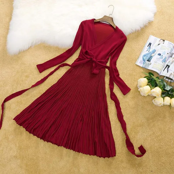 Модное Черное Красное зимнее платье, женское сексуальное Элегантное повседневное Плиссированное Платье-туника с длинным рукавом и v-образным вырезом, офисные вязаные платья Vestidos - Цвет: 3 Wine Red