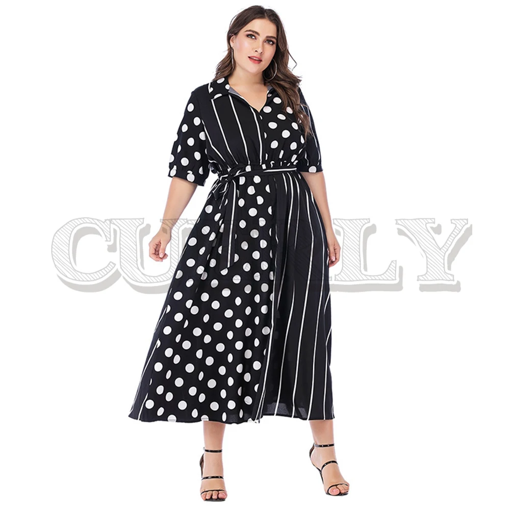 

CUERLY Plus size dot print women long dress Elegant v-neck sashes A-line patchwork long dress Summer casual streetwear dress