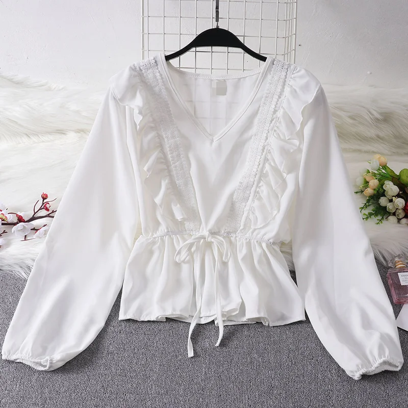 

Drawstring Sash Ruffles Women Blouse V-Neck Lace Patchwork Vintage Blusa 2019 Spring Summer Solid Slim Fashion Tops Lady
