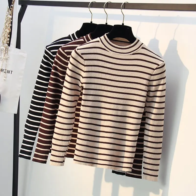 

ONLYSVTER Autumn Winter stripe Women Sweater Basic Knitted Soft Pullover Sweater With Button Female Jumper Top