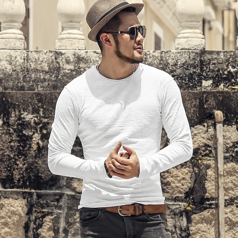 

Metrosexual man autumn texture bamboo cotton long sleeve t-shirt men's slim thick high elastic T-shirt men top tees o neck