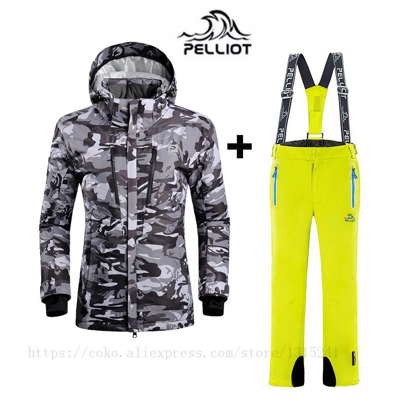 Французский лыжный костюм более аутентичный Открытый водонепроницаемый Зимний теплый дышащий двойной пластины Лыжная куртка и брюки Pelliot
