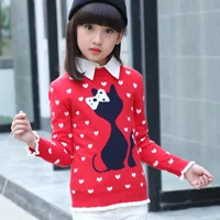 Свитер для маленьких девочек, детские осенне-зимние пуловеры с рисунком кота для маленьких девочек, вязаные теплые свитера с высоким воротником - Цвет: Red