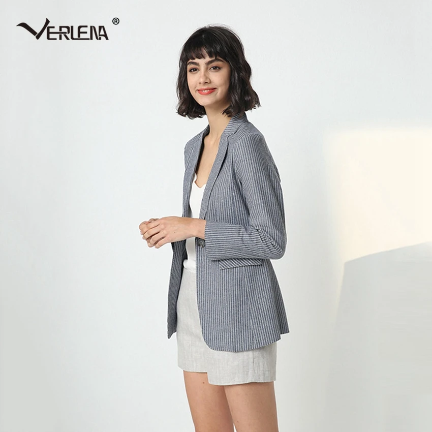 

Verlena 2019 Plus Size Arch Needle Toothpick Stripe Pattern Linen Silk OL Blazer Women Clothing Three Quarter Sleeve Lapel Coat
