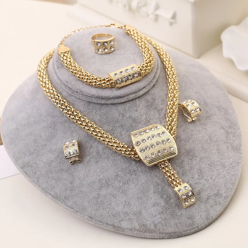 Модные свадебные ювелирные наборы для женщин Дубай золото большое ожерелье серьги браслет кольцо свадебный обручальный комплект ювелирных изделий