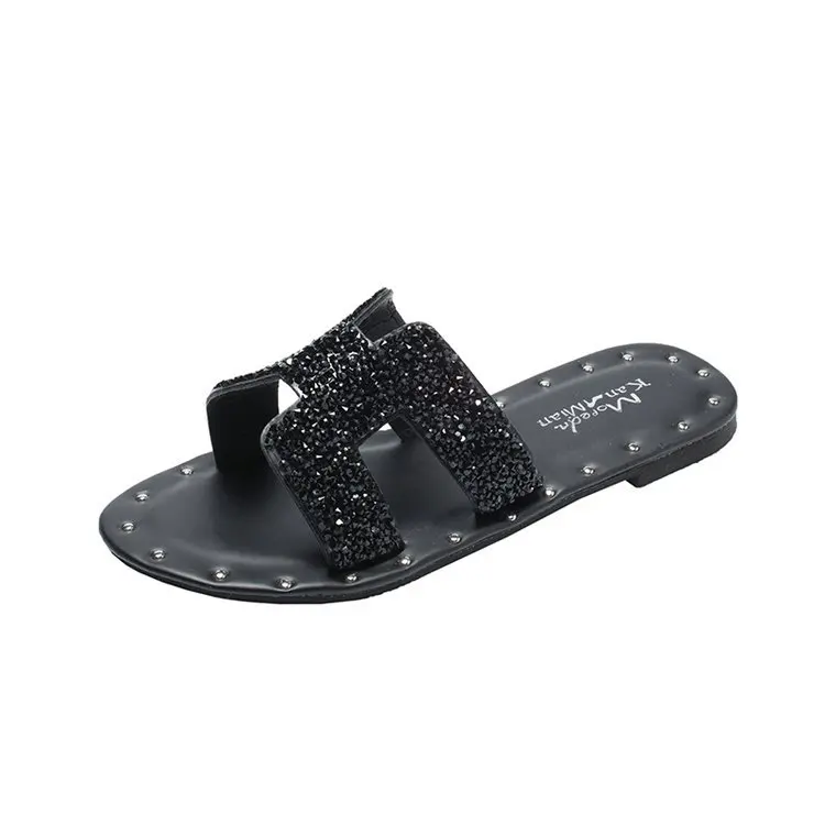 

Slippers women wear 2019 spring new Korean version of the wild fashion rhinestones flat drag flat sandals and slippers
