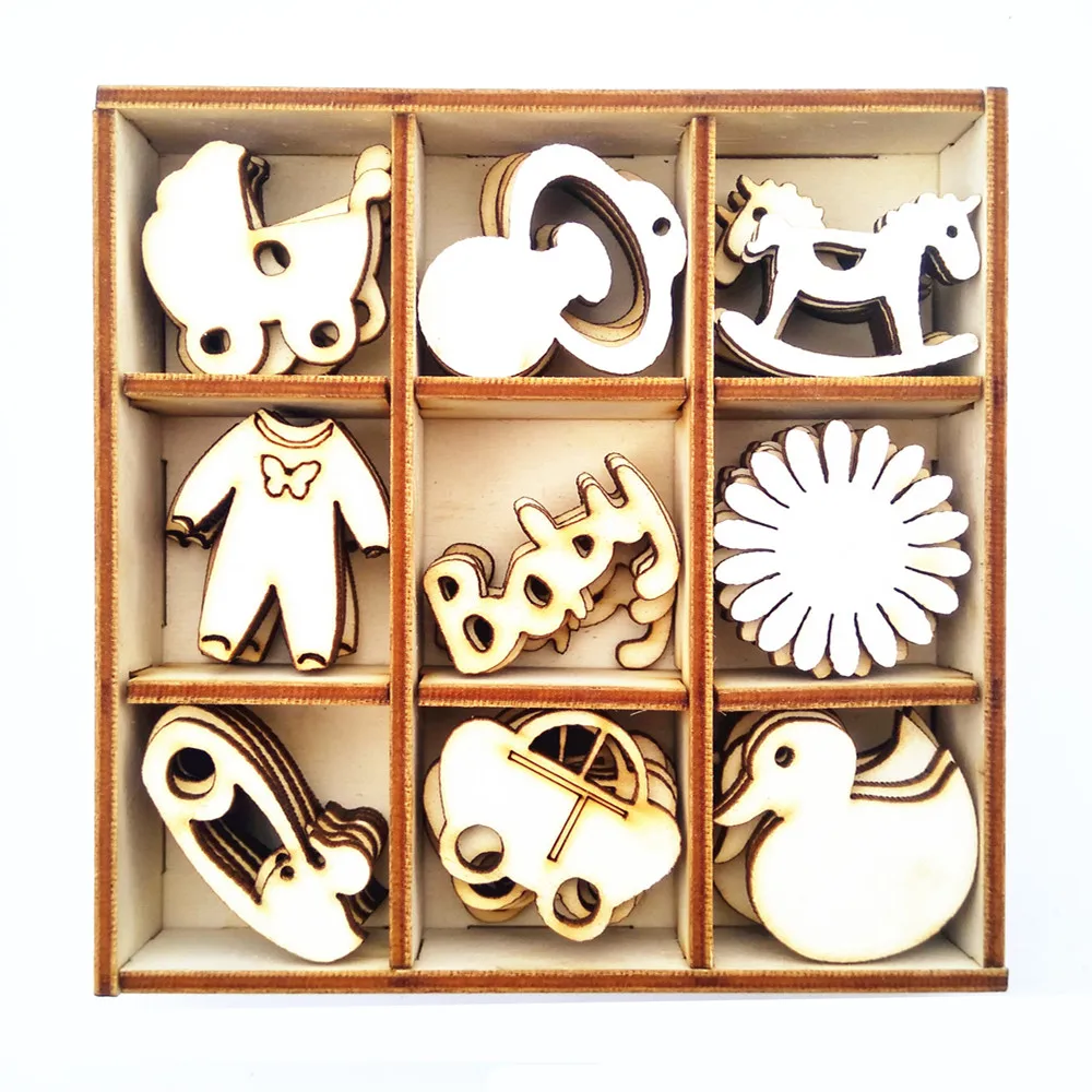 

Box of 45 Assorted Mini Wooden Baby Shapes Craft Embellishments Baby Shower 1st Birthday Decorations Favors