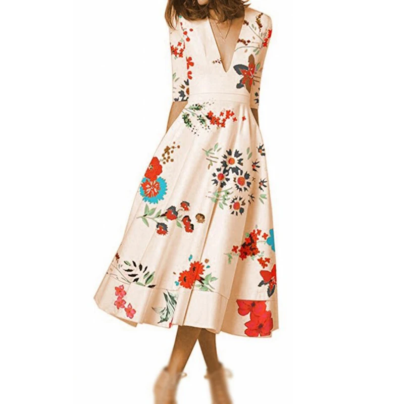 

Women Dress Summer Midi Vintage Half Sleeves Retro Cocktail Deep V Neck Floral Print A Line Sundress